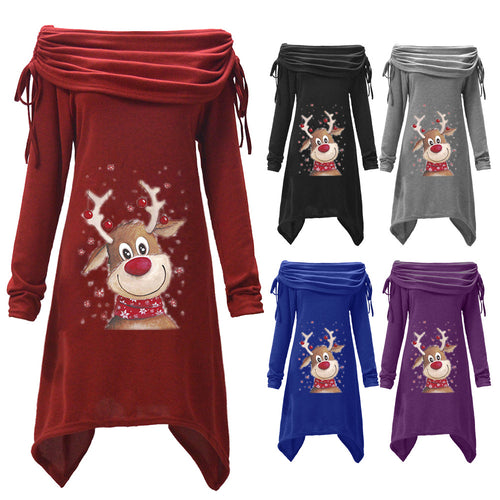Damen Freizeitkleid mit schulterfreiem Design und verspieltem Rentier-Motiv EB
