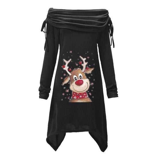 Damen Freizeitkleid mit schulterfreiem Design und verspieltem Rentier-Motiv EB