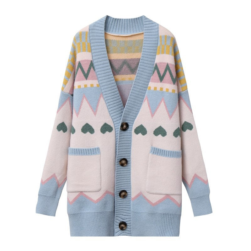 Damen Großer, gemusterter Strickcardigan mit Taschen und Knopfleiste EB