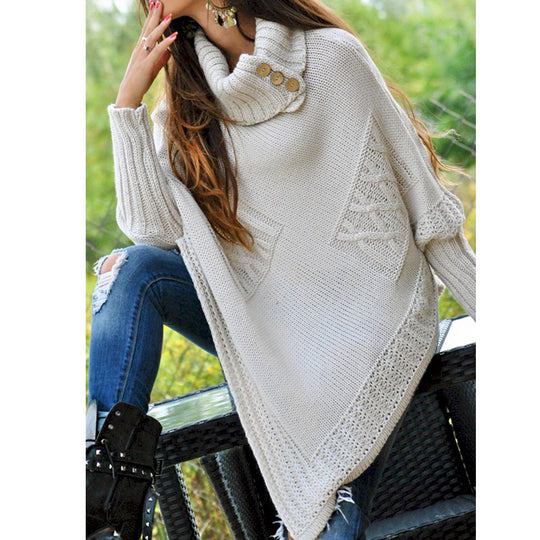 Damen modischer Strickpullover mit hohem Kragen und dekorativen Knöpfen EB