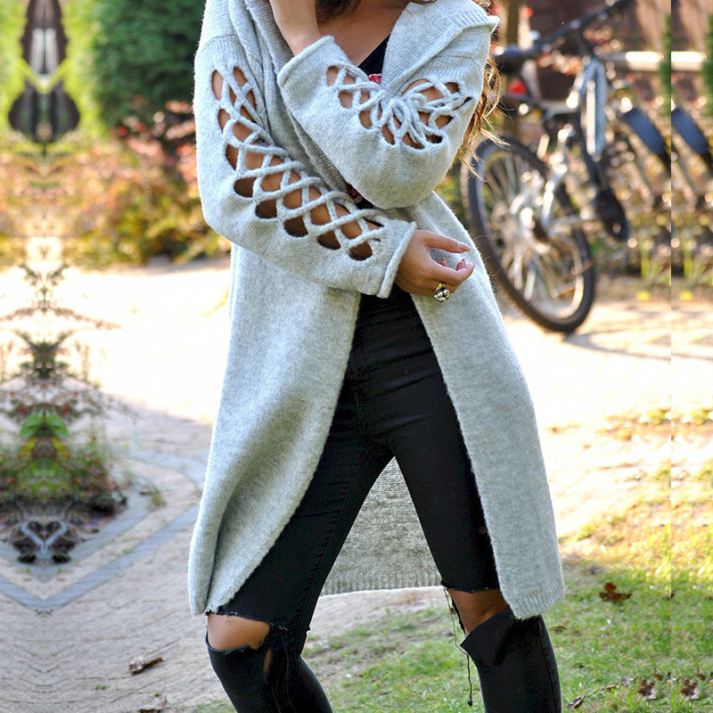 Damen gemütlicher Strickmantel mit offenen Ärmeln und aufregendem Lochdesign EB