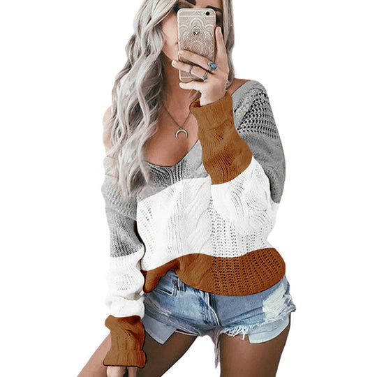 Damen trendiger Pullover mit offenen Schultern und Farbblockdesign EB