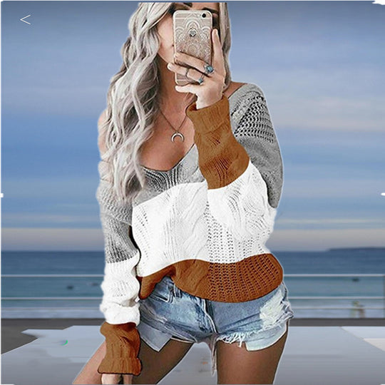 Damen Strickpullover mit großzügigem Ausschnitt und modischem Muster EB