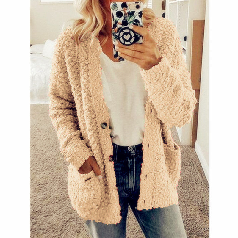 Damen nan locker geschnittener Teddy-Flausch-Cardigan mit dezenter Knopfleiste und aufgesetzten Eingrifftaschen EB