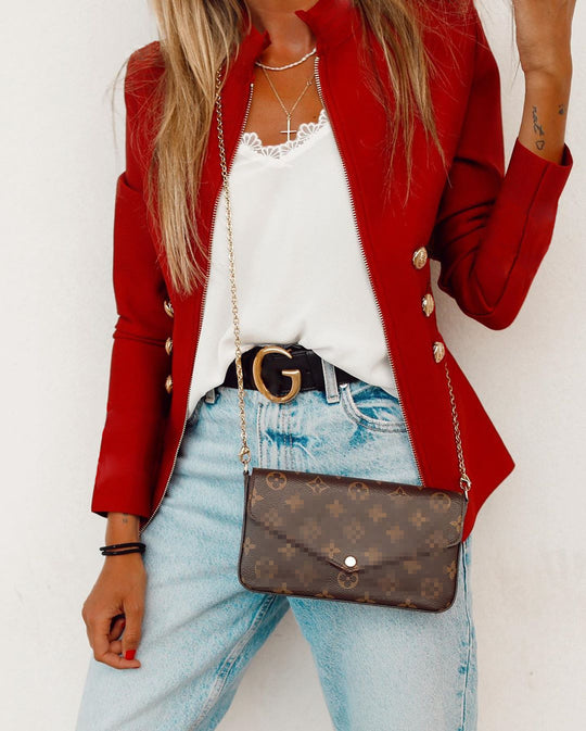 Damen Elegante Blazerjacke mit goldenen Knöpfen und hohem Kragen EB