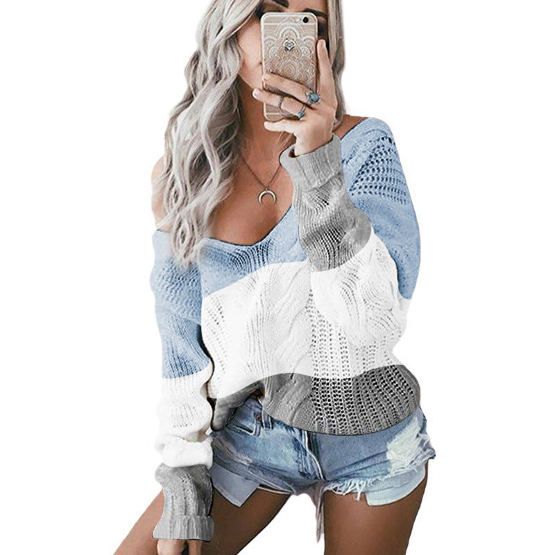 Damen trendiger Pullover mit offenen Schultern und Farbblockdesign EB