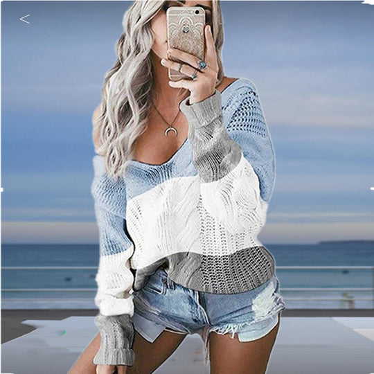 Damen Strickpullover mit großzügigem Ausschnitt und modischem Muster EB