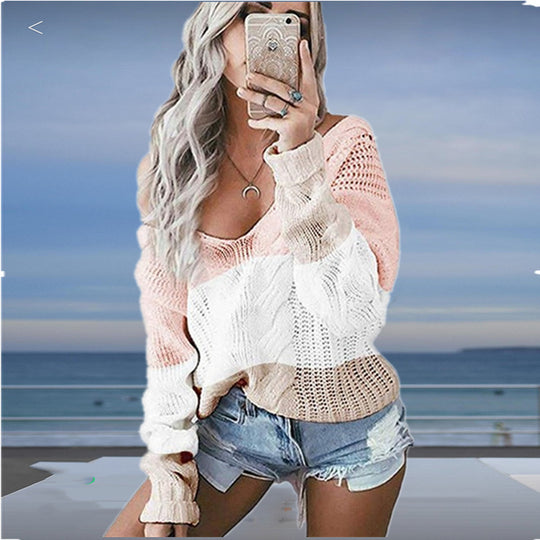 Damen Strickpullover mit großzügigem Ausschnitt und modischem Muster EB