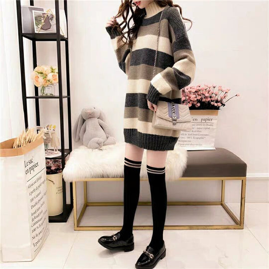 Damen Gemütlicher Strickpullover mit hohem Kragen und lässigem Schnitt EB