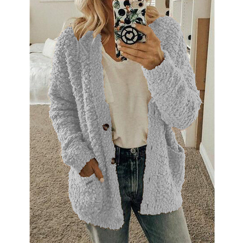 Damen nan locker geschnittener Teddy-Flausch-Cardigan mit dezenter Knopfleiste und aufgesetzten Eingrifftaschen EB