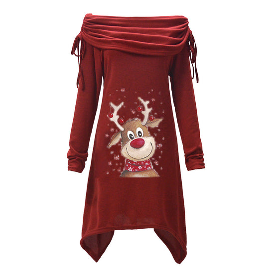 Damen Freizeitkleid mit schulterfreiem Design und verspieltem Rentier-Motiv EB
