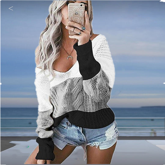 Damen Strickpullover mit großzügigem Ausschnitt und modischem Muster EB