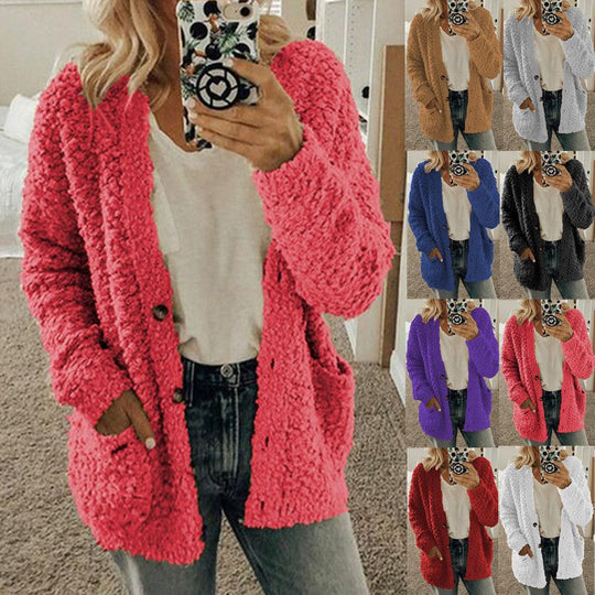 Damen nan locker geschnittener Teddy-Flausch-Cardigan mit dezenter Knopfleiste und aufgesetzten Eingrifftaschen EB