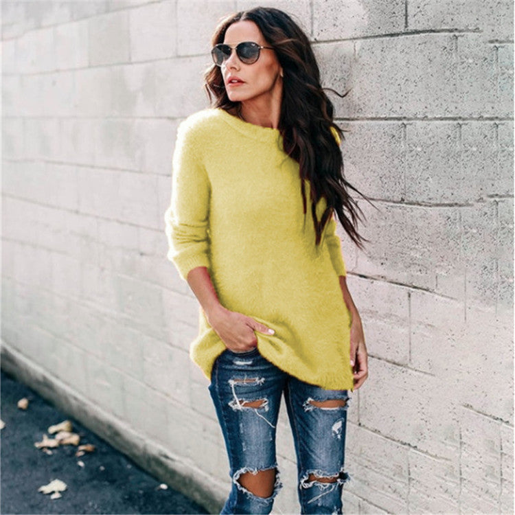 Damen nan kuscheliger Oversize-Strickpullover mit Rundhalsausschnitt Hoch-Tief-Saum und Seitenschlitzen EB