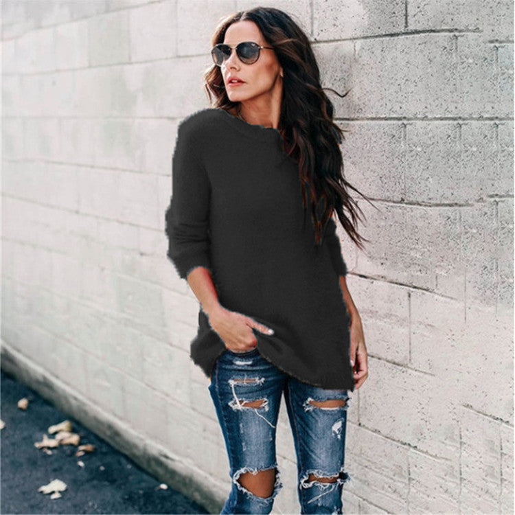Damen nan kuscheliger Oversize-Strickpullover mit Rundhalsausschnitt Hoch-Tief-Saum und Seitenschlitzen EB