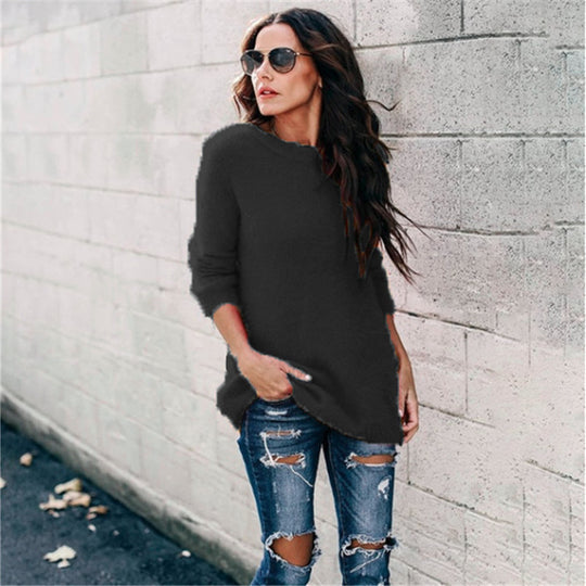 Damen nan kuscheliger Oversize-Strickpullover mit Rundhalsausschnitt Hoch-Tief-Saum und Seitenschlitzen EB