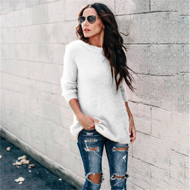 Damen nan kuscheliger Oversize-Strickpullover mit Rundhalsausschnitt Hoch-Tief-Saum und Seitenschlitzen EB