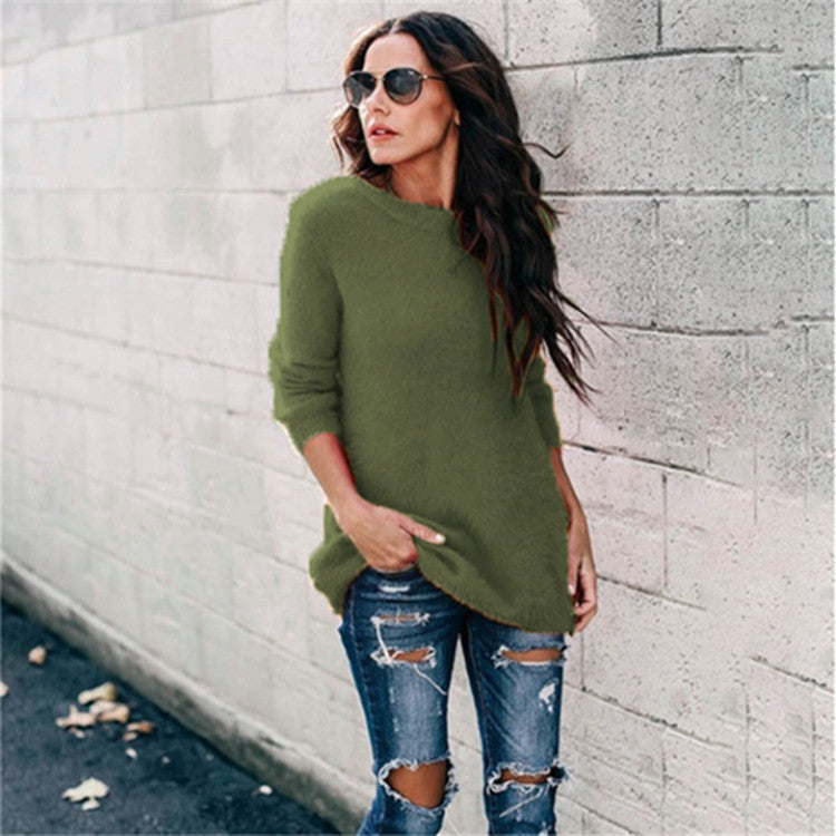 Damen nan kuscheliger Oversize-Strickpullover mit Rundhalsausschnitt Hoch-Tief-Saum und Seitenschlitzen EB