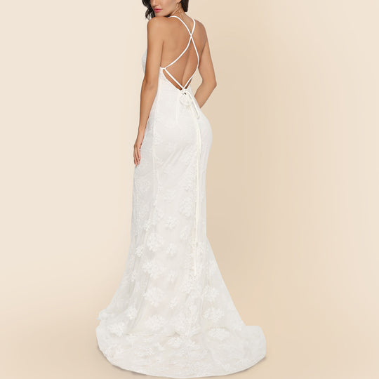 Damen elegantes figurbetontes Hochzeitskleid mit zarter Spitzenverzierung EB