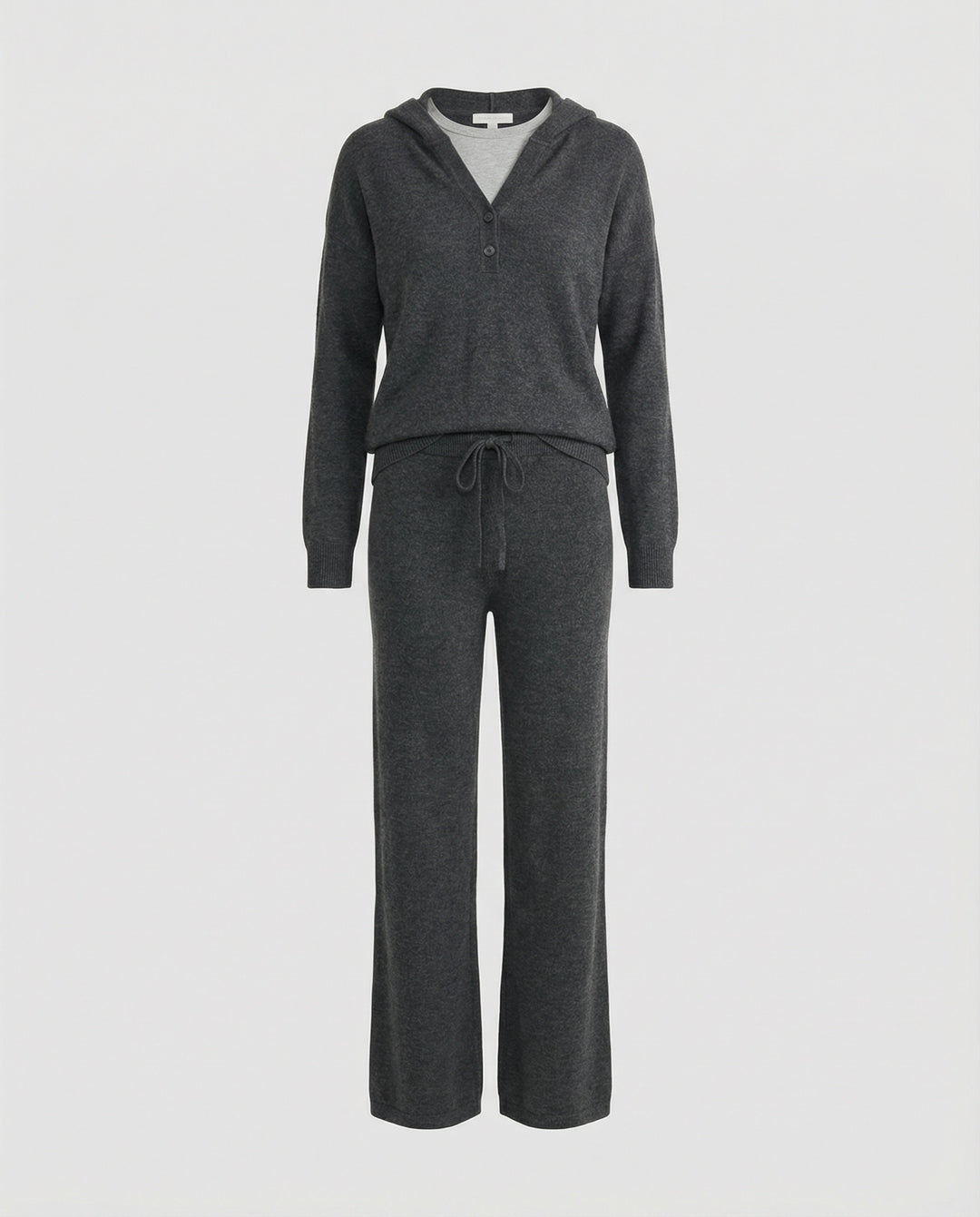 Damen Modetrends 2026 lässiges Kapuzenshirt mit kurzer Knopfleiste und weite Jogginghose aus weicher Baumwollmischung EB
