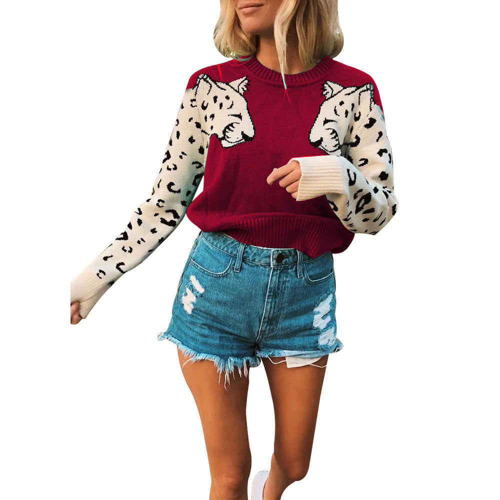 Damen modischer Strickpullover mit tierischem Motiv und farblich abgesetzten Ärmeln EB