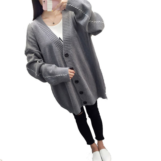 Damen lässige Strickjacke mit übergroßem Schnitt und großen Knöpfen EB