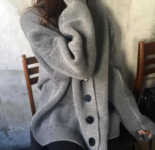 Damen lässige Strickjacke mit übergroßem Schnitt und großen Knöpfen EB