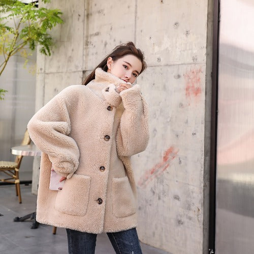 Damen kuscheliger Fleece Mantel mit hohen Kragen und Taschen EB