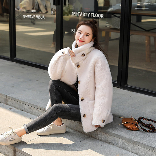 Damen kuscheliger Fleece Mantel mit hohen Kragen und Taschen EB