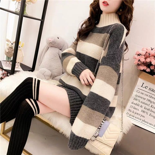 Damen Gemütlicher Strickpullover mit hohem Kragen und lässigem Schnitt EB