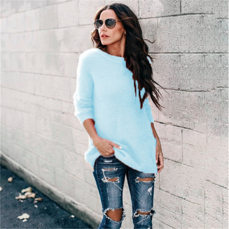 Damen nan kuscheliger Oversize-Strickpullover mit Rundhalsausschnitt Hoch-Tief-Saum und Seitenschlitzen EB
