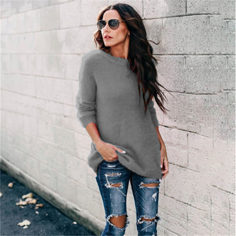 Damen nan kuscheliger Oversize-Strickpullover mit Rundhalsausschnitt Hoch-Tief-Saum und Seitenschlitzen EB