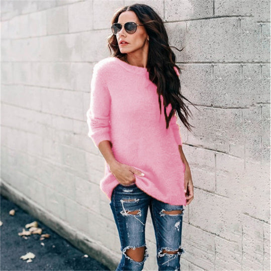 Damen nan kuscheliger Oversize-Strickpullover mit Rundhalsausschnitt Hoch-Tief-Saum und Seitenschlitzen EB