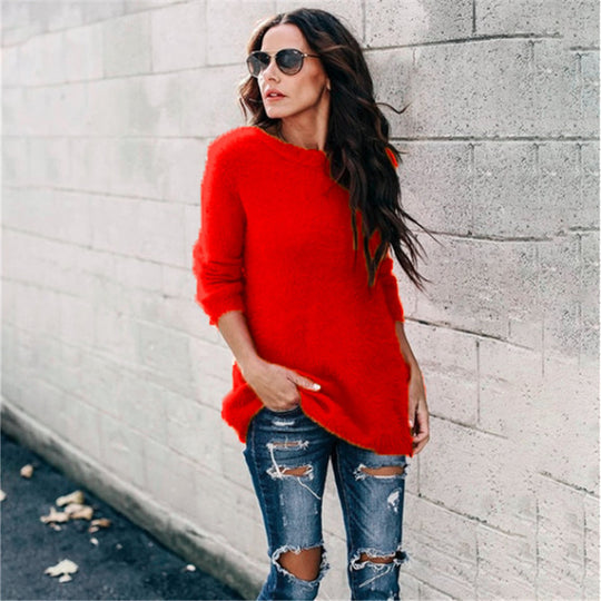 Damen nan kuscheliger Oversize-Strickpullover mit Rundhalsausschnitt Hoch-Tief-Saum und Seitenschlitzen EB