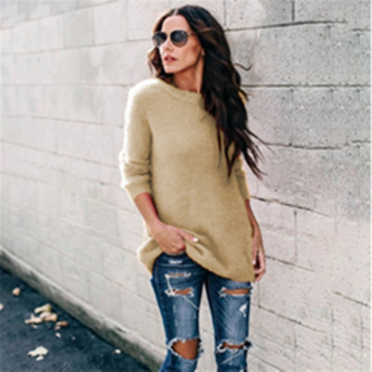 Damen nan kuscheliger Oversize-Strickpullover mit Rundhalsausschnitt Hoch-Tief-Saum und Seitenschlitzen EB