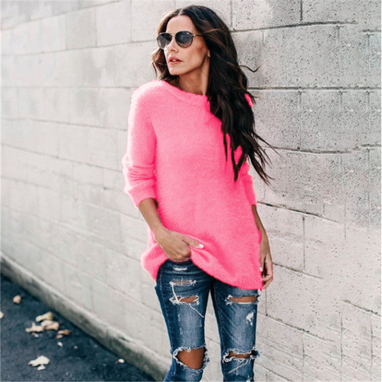 Damen nan kuscheliger Oversize-Strickpullover mit Rundhalsausschnitt Hoch-Tief-Saum und Seitenschlitzen EB
