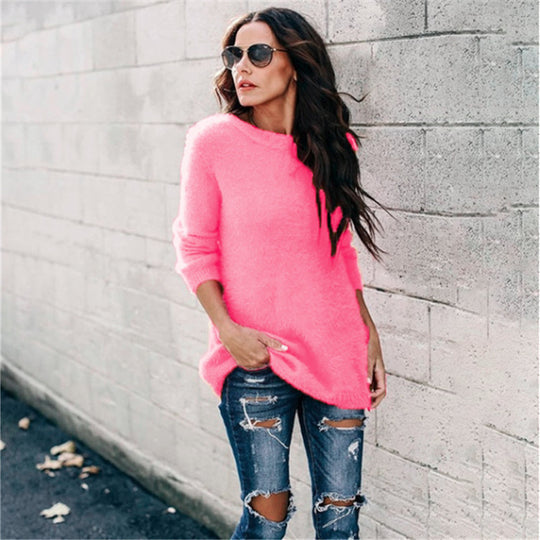 Damen nan kuscheliger Oversize-Strickpullover mit Rundhalsausschnitt Hoch-Tief-Saum und Seitenschlitzen EB