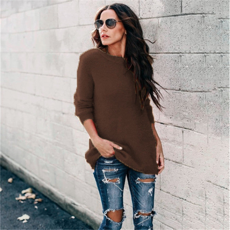 Damen nan kuscheliger Oversize-Strickpullover mit Rundhalsausschnitt Hoch-Tief-Saum und Seitenschlitzen EB