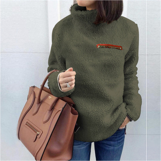Damen nan kuscheliger Teddy-Fleecepullover mit Stehkragen und Brustreißverschluss EB