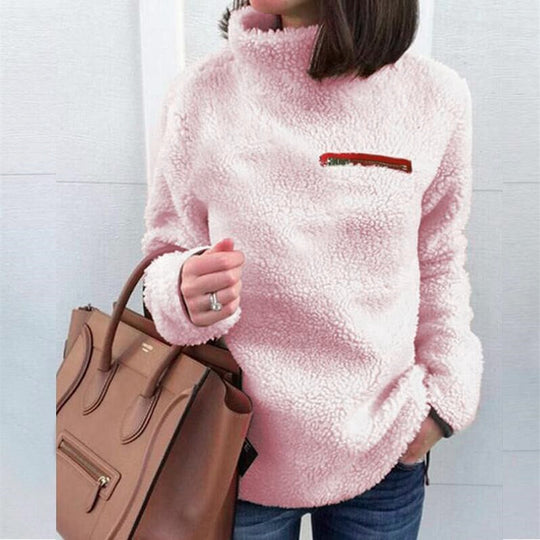 Damen nan kuscheliger Teddy-Fleecepullover mit Stehkragen und Brustreißverschluss EB