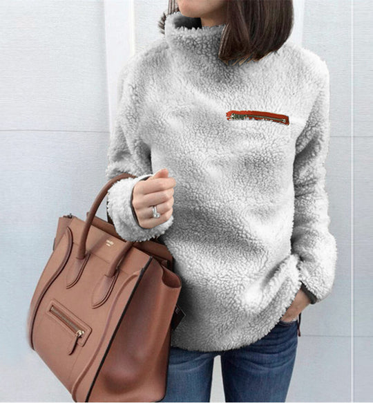 Damen nan kuscheliger Teddy-Fleecepullover mit Stehkragen und Brustreißverschluss EB
