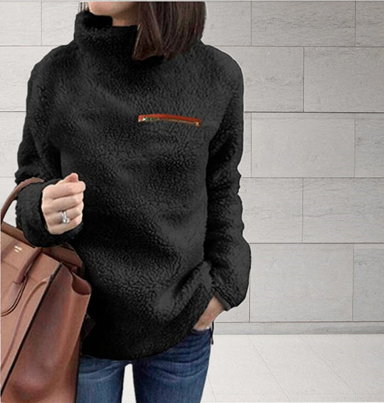 Damen nan kuscheliger Teddy-Fleecepullover mit Stehkragen und Brustreißverschluss EB