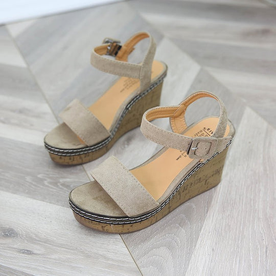 Damen nan Keilabsatzsandalen mit Korkplateau, verstellbarem Schnallenriemen und gekreuzten Wildlederriemen EB