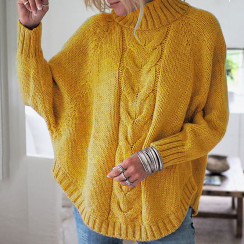 Damen Grobstrick Pullover mit hohem Kragen und dekorativem Zopfmuster EB