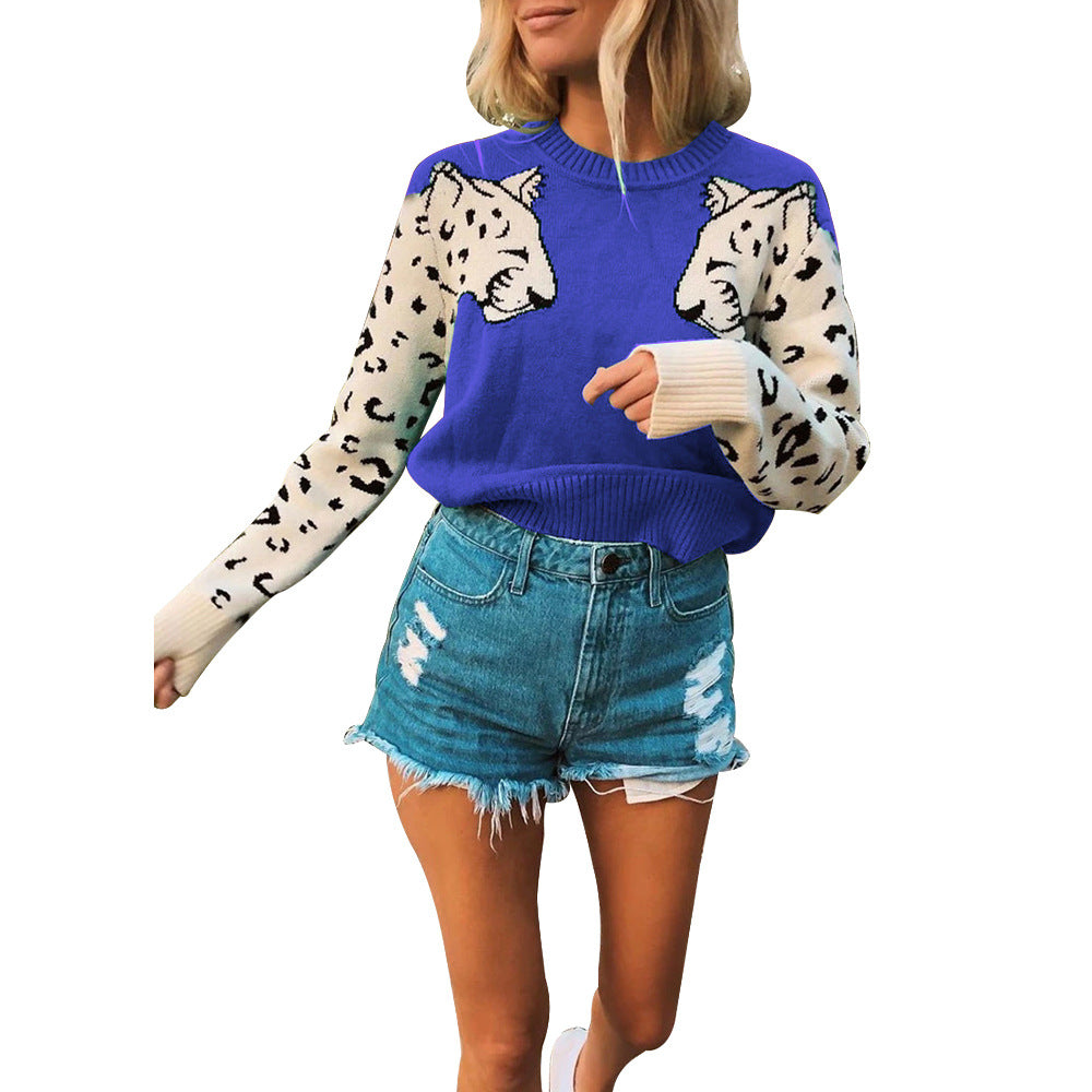 Damen modischer Strickpullover mit tierischem Motiv und farblich abgesetzten Ärmeln EB
