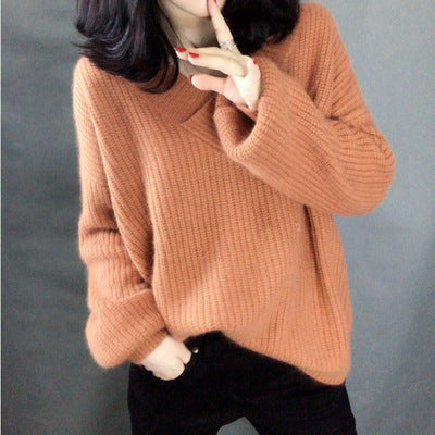 Damen Strickpullover mit V-Ausschnitt und voluminösen Ärmeln EB