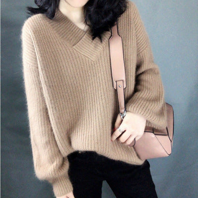 Damen Strickpullover mit V-Ausschnitt und voluminösen Ärmeln EB