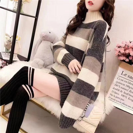 Damen Gemütlicher Strickpullover mit hohem Kragen und lässigem Schnitt EB