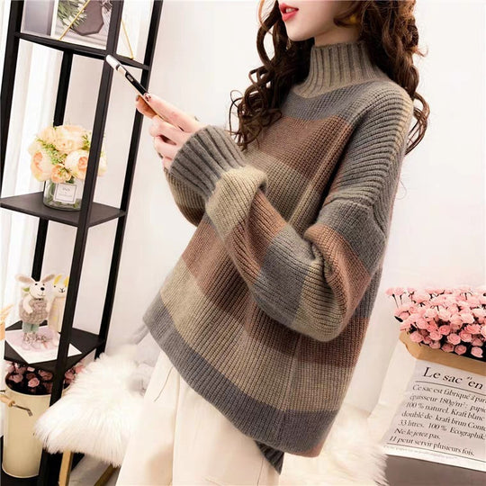 Damen Gemütlicher Strickpullover mit hohem Kragen und lässigem Schnitt EB