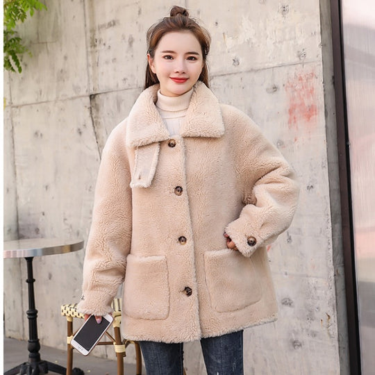 Damen kuscheliger Fleece Mantel mit hohen Kragen und Taschen EB